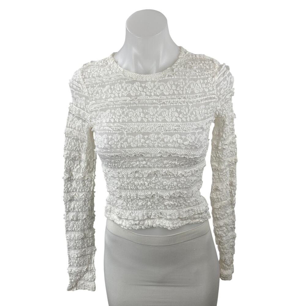 Edikted Women's White Floral Lace Long Sleeve Crew Neck Cropped Blouse Top Sz S